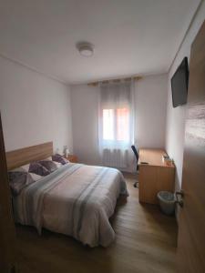 a bedroom with a bed and a desk and a television at Habitación centro Bilbao zona artística in Bilbao