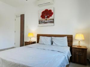 a bedroom with a white bed with two lamps at North Residence Havuz Manzaralı Daire in Kérynia