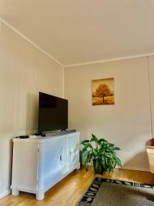 a living room with a flat screen tv on a white cabinet at Signegarden in Skjåk
