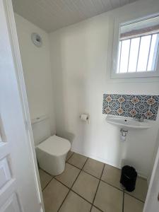 a bathroom with a toilet and a sink at Le Gîte de Julia in Saint-Laurent-de-Médoc