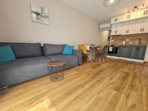 a living room with a gray couch and a kitchen at New Apartment “Sun and Sea” in St. St. Constantine and Helena
