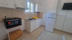 a small kitchen with a sink and a refrigerator at Stamatia's Houses in Agios Georgios