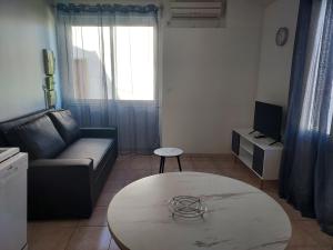 ein Wohnzimmer mit Sofa und Tisch in der Unterkunft petite maison lavardac in Lavardac