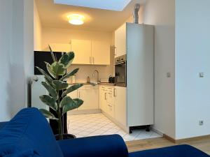 a kitchen with a refrigerator and a plant in a room at Grill and Chill Terrasse, Dresden und Sächsische Schweiz erleben in Heidenau