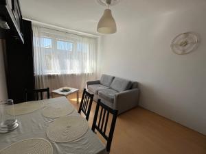 salon ze stołem i kanapą w obiekcie Hel na wakacje w mieście Hel