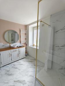 a bathroom with a shower and a sink and a mirror at Le Jardin de la Guionie in Rieupeyroux