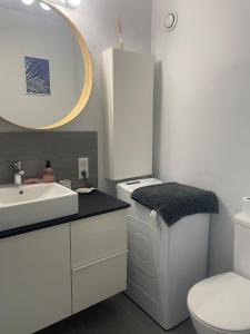 a bathroom with a sink and a toilet and a mirror at Studio Vue Mer, Vélos, Terrasse, Ascenseur et Garage 6mn à pied in La Grande-Motte