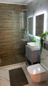 un bagno con un water, un lavandino e uno specchio di Cataleya Blue a Mamaia Nord - Năvodari