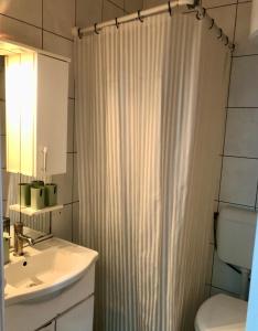 a bathroom with a shower curtain and a sink at Orion apartment in Pristina