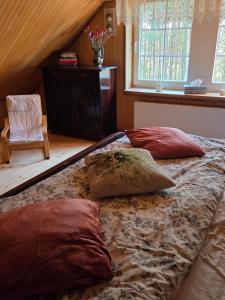 a large bed with pillows on it in a room at Gaj-Raj in Łąkorz