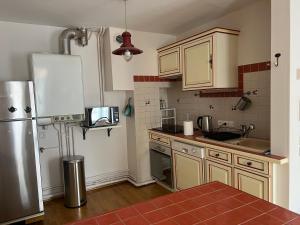 Una cocina con refrigerador y gabinetes de acero inoxidable. en Joli duplex plein centre, parking sur demande à la réservation, en Issoire