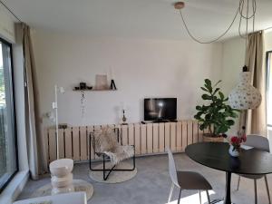 a living room with a table and chairs and a tv at 't Holtslag in Baak