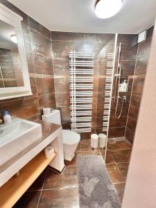 a bathroom with a shower and a toilet and a sink at 4 mins walk Thalwil Station, Free Parking, Historical in Thalwil