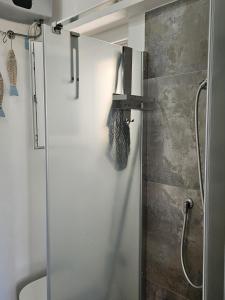 a shower with a glass door in a bathroom at Casa VITTORIA in Procchio