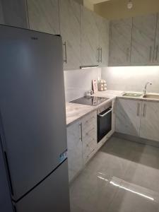 a white kitchen with a refrigerator and a sink at Xrisa Apartments in Petalidi