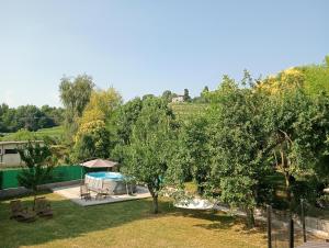 an overhead view of a backyard with a pool and trees at Le camere dell'Albero Bianco con uso cucina in Manzano