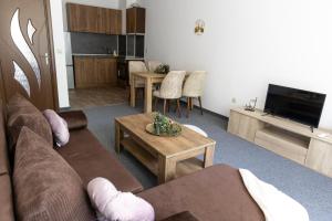 Family Suite One-Bedroom with Kitchen في ساينت قسطنطين وهيلينا: غرفة معيشة بها أريكة وطاولة