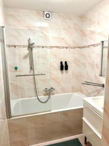 a bathroom with a shower and a bath tub at Central View Vienna 92 sq m 3 BD apartment in Vienna