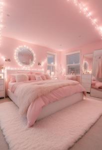 a pink bedroom with a large bed and a mirror at Hostel Paradiso in Chaguanas