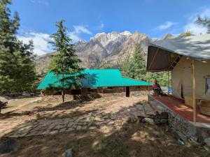 SānglaShepherd's Lore Camps & Resort的带有绿色屋顶的帐篷，背景是群山