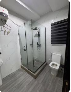 a bathroom with a shower and a toilet at Sohana Homes in Ikeja +20 photos