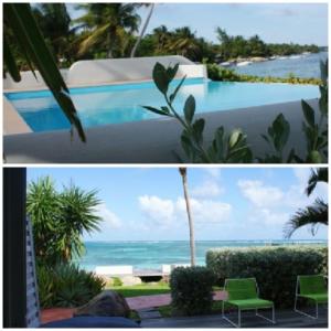 two pictures of a pool and the beach at Eden blue mer et piscine in Sainte-Anne