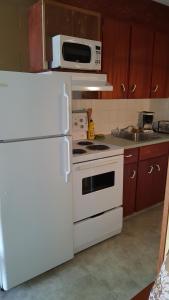a kitchen with a white stove and a microwave at Plaza Motel in Penticton