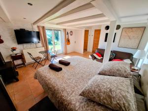a bedroom with a bed and a room with a tv at La Basserie in Laguépie +7 photos