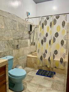 un bagno con un water blu e una doccia di 5- Bedroom Spacious Vacation Home a Baguio