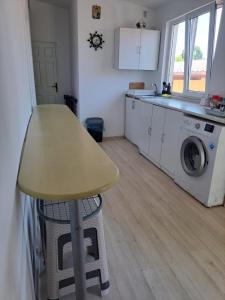 a kitchen with a table and a washing machine at Vila Emy Constanta in Constanţa
