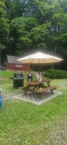 a picnic table with an umbrella in the grass at D&B Happy Campers in Friendsville +3 photos