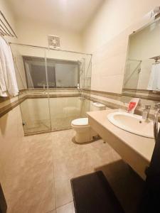 a bathroom with a shower and a toilet and a sink at Pasha Nova in Murree