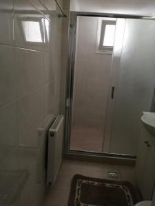 a bathroom with a shower and a toilet and a sink at beach mourteri Evia in Mourteri