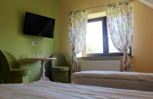1 dormitorio con 1 cama, TV y ventana en Pokoje Gościnne u Kovi, en Legnica