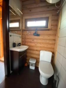 a bathroom with a white toilet and a sink at Cozy Cabins Vydmantai in Kiauleikiai +6 photos