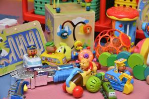 a toy set of toys on a pink table at Hotel Ocean (Kokusai-Dori) in Naha