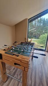 a foosball table in a room with a large window at Nomad Lodge in Rugineşti