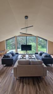 a living room with two couches and a television at Nomad Lodge in Rugineşti