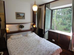 une chambre avec un lit et une grande fenêtre dans l'établissement Ferienwohnung Waldchalet Aigner, à Seeboden 11 autres photos