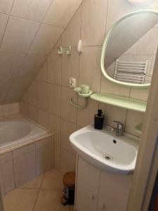 a bathroom with a sink and a mirror and a tub at Gospodarstwo Agroturystyczne MALWA in Tuliszków