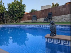a bird sitting on a ledge next to a swimming pool at Winahost Apartment la Piscina de Creixell in Creixell