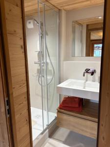 a bathroom with a shower and a sink at Appartement neuf dans chalet à Montriond, entre Lac & Ski ! in Montriond +8 photos
