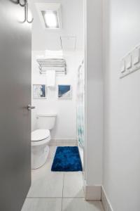 a bathroom with a toilet and a blue rug at Corporate Style Studio Near State House in Boston