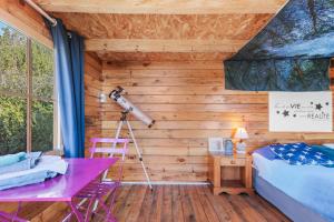 a bedroom with a wooden wall with a bed and a telescope at Cabane Aux Étoiles in Bargème