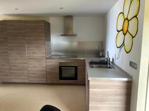 Una cocina con gabinetes de madera y un fregadero. en Golden Flower, en Tacoronte