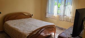 a bedroom with a bed and a tv and a window at House in Leskovik in Leskovik