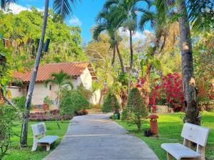 a walkway in front of a house with palm trees at Sai Gon Can Gio Resort in Cần Giờ