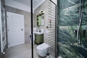 ChişodaにあるPrimăverii Dream Residenceのシャワー、トイレ、洗面台を備えたバスルーム +35枚の写真