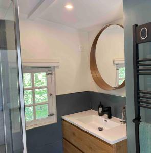 un baño con lavabo y espejo en Site exceptionnel accès mer grands espaces, en Ile-aux-Moines