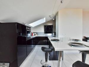 eine Küche mit einer weißen Theke und schwarzen Geräten in der Unterkunft Spacieux appartement avec terrasse, animaux admis et parking - FR-1-498-69 in Évian-les-Bains